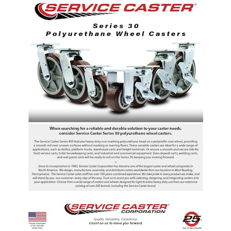 Service Caster 4 Inch Polyurethane Wheel Rigid Caster with Roller Bearing SCC-30R420-PPUR
